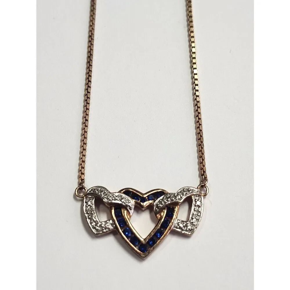 Gold Over 925 Sapphire Center Heart And Diamond Accent Side Hearts Necklace